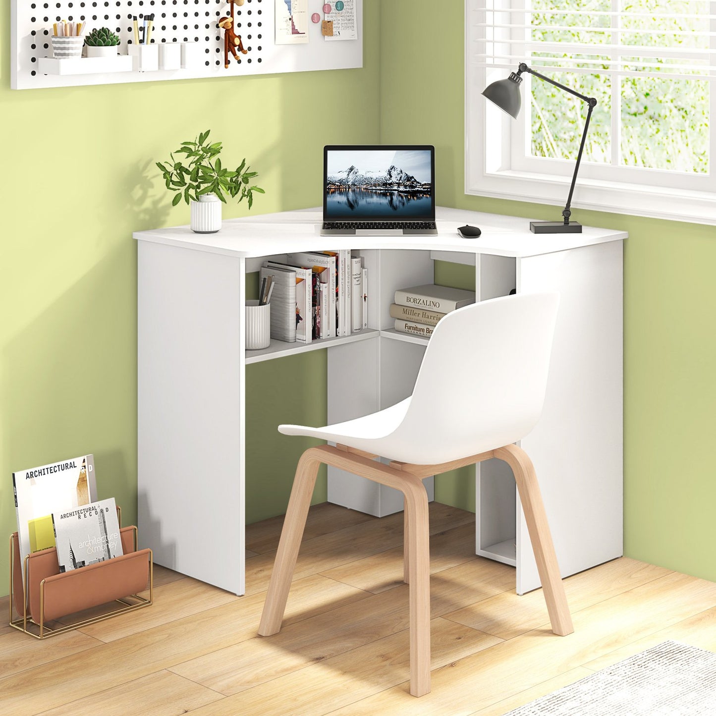 Corner Computer Desk Triangle Home Office Desk with Adjustable Shelf and Arc-Shaped Profile-Natural