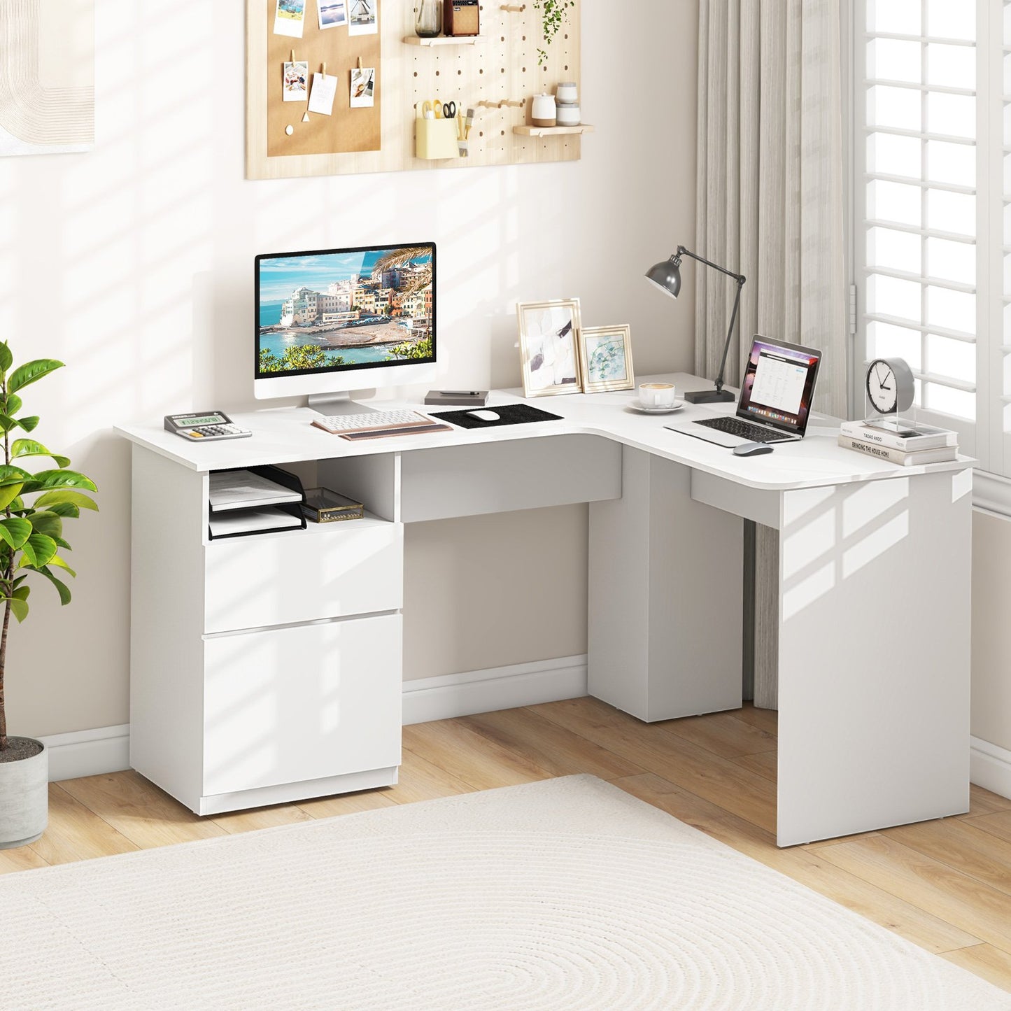 L-Shaped Computer Desk with Letter File Drawer-Walnut