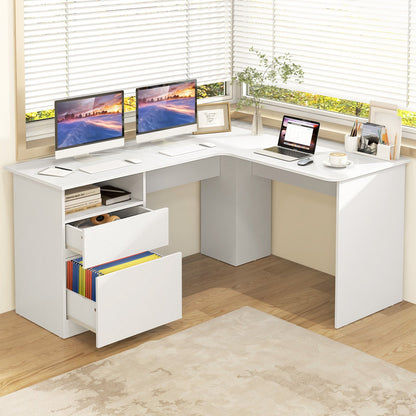 L-Shaped Computer Desk with Letter File Drawer-Walnut