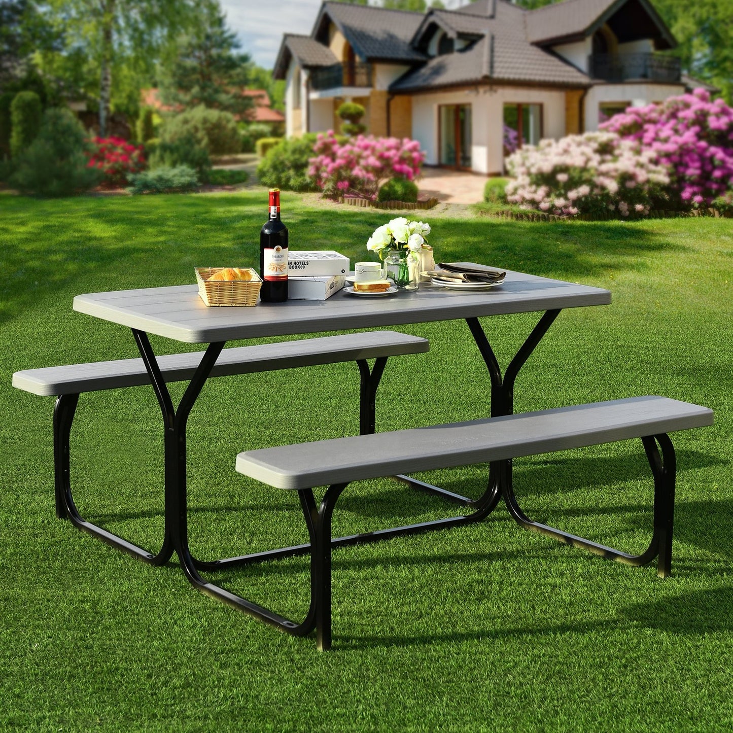 HDPE Outdoor Picnic Table Bench Set with Metal Base-Black