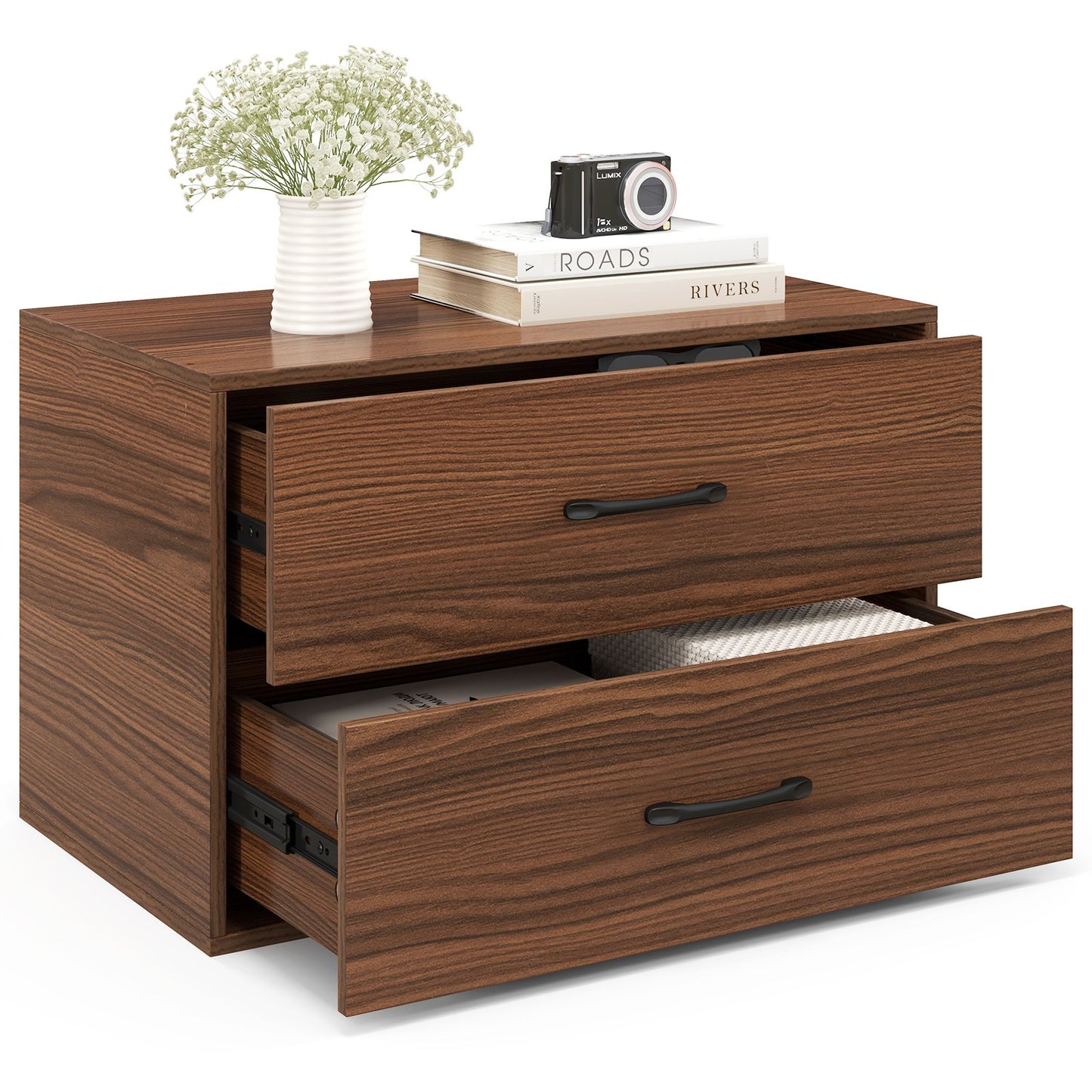 2-Drawer Stackable Horizontal Storage Cabinet Dresser Chest with Handles-Black