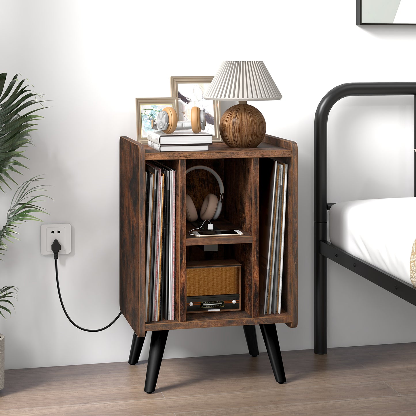 Vinyl Record Storage Turntable Stand with 4 Open Shelves-Brown