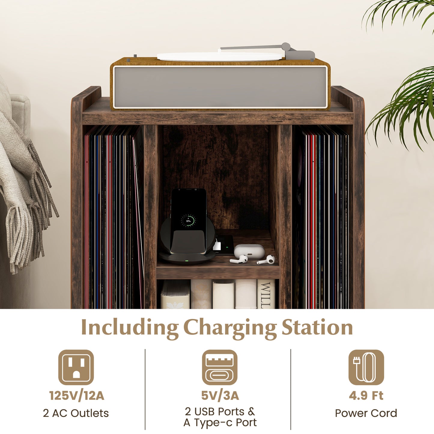 Vinyl Record Storage Turntable Stand with 4 Open Shelves-Brown