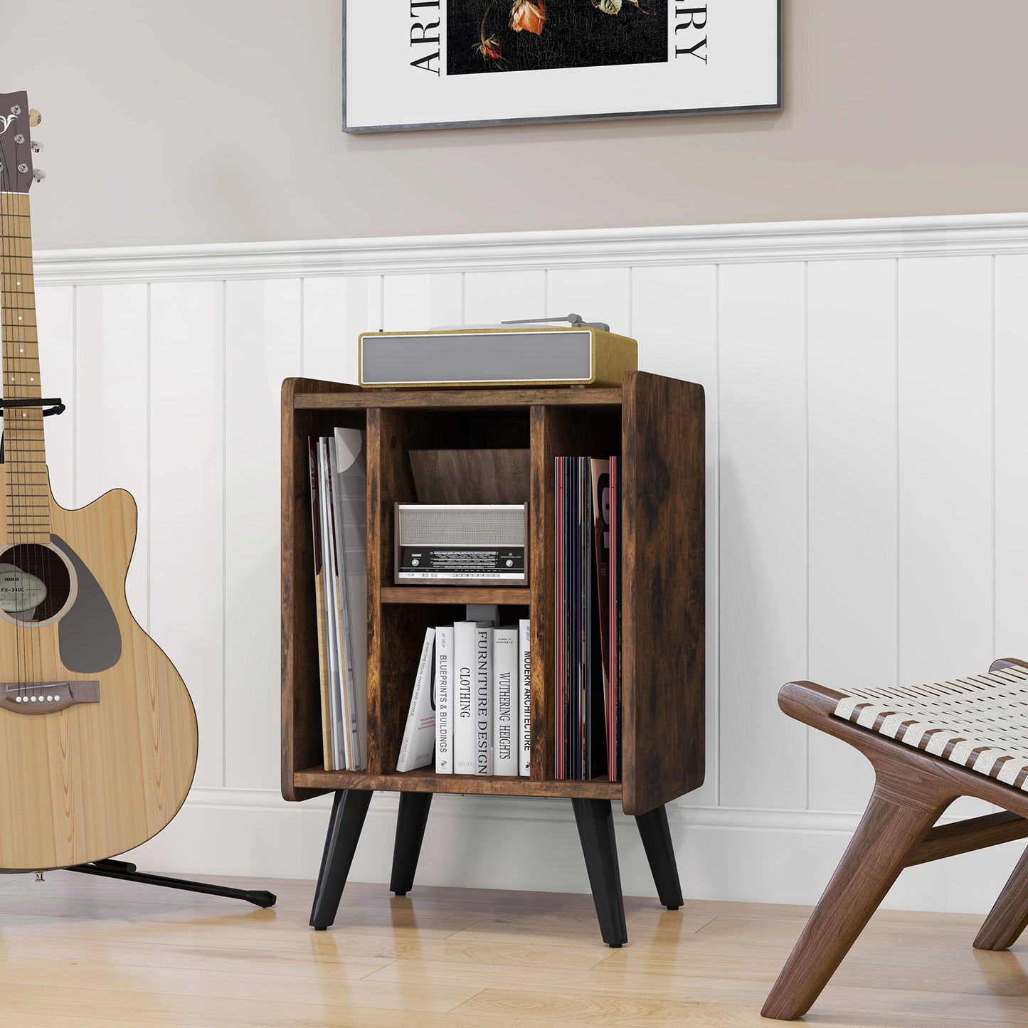 Vinyl Record Storage Turntable Stand with 4 Open Shelves-Brown