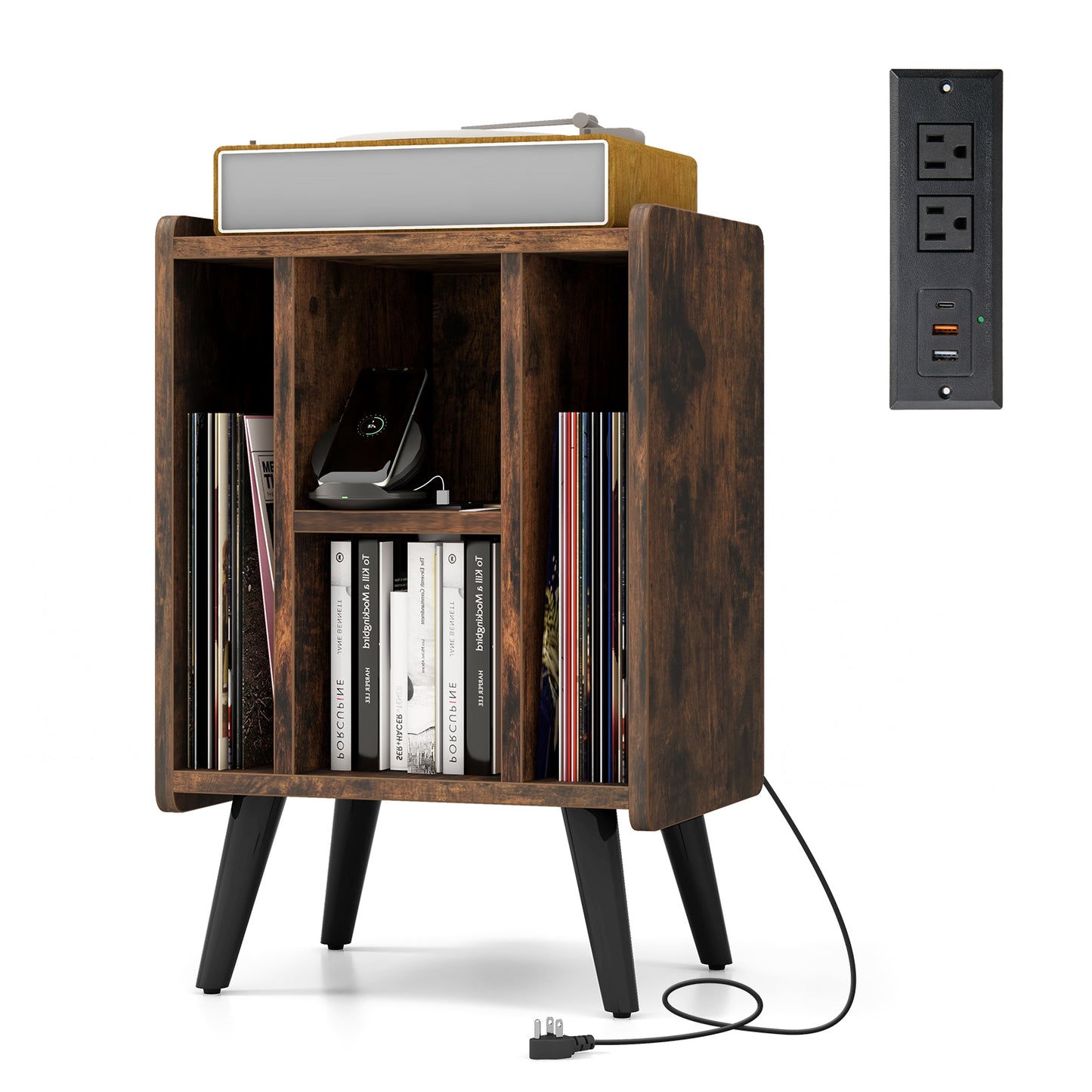 Vinyl Record Storage Turntable Stand with 4 Open Shelves-Brown
