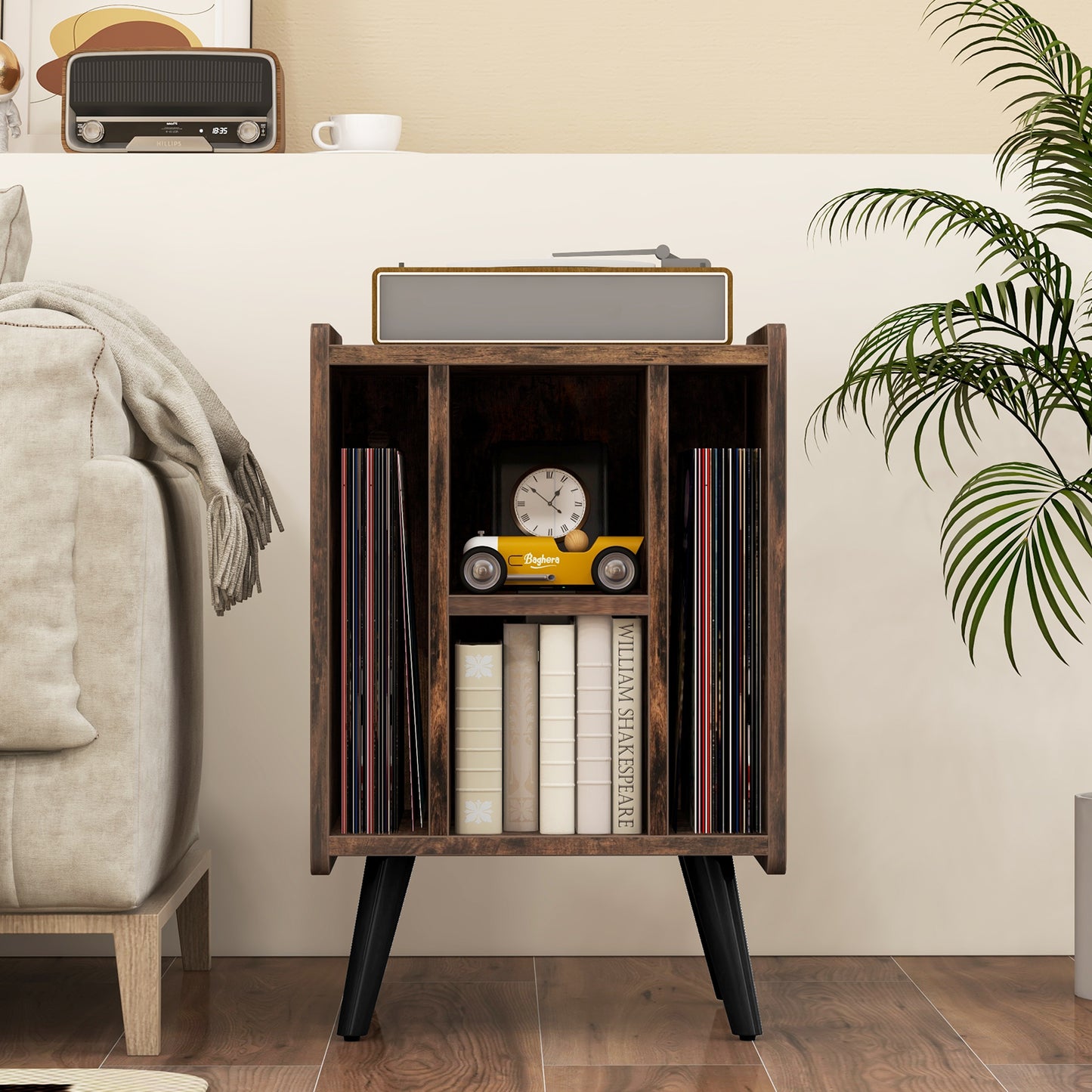 Vinyl Record Storage Turntable Stand with 4 Open Shelves-Brown