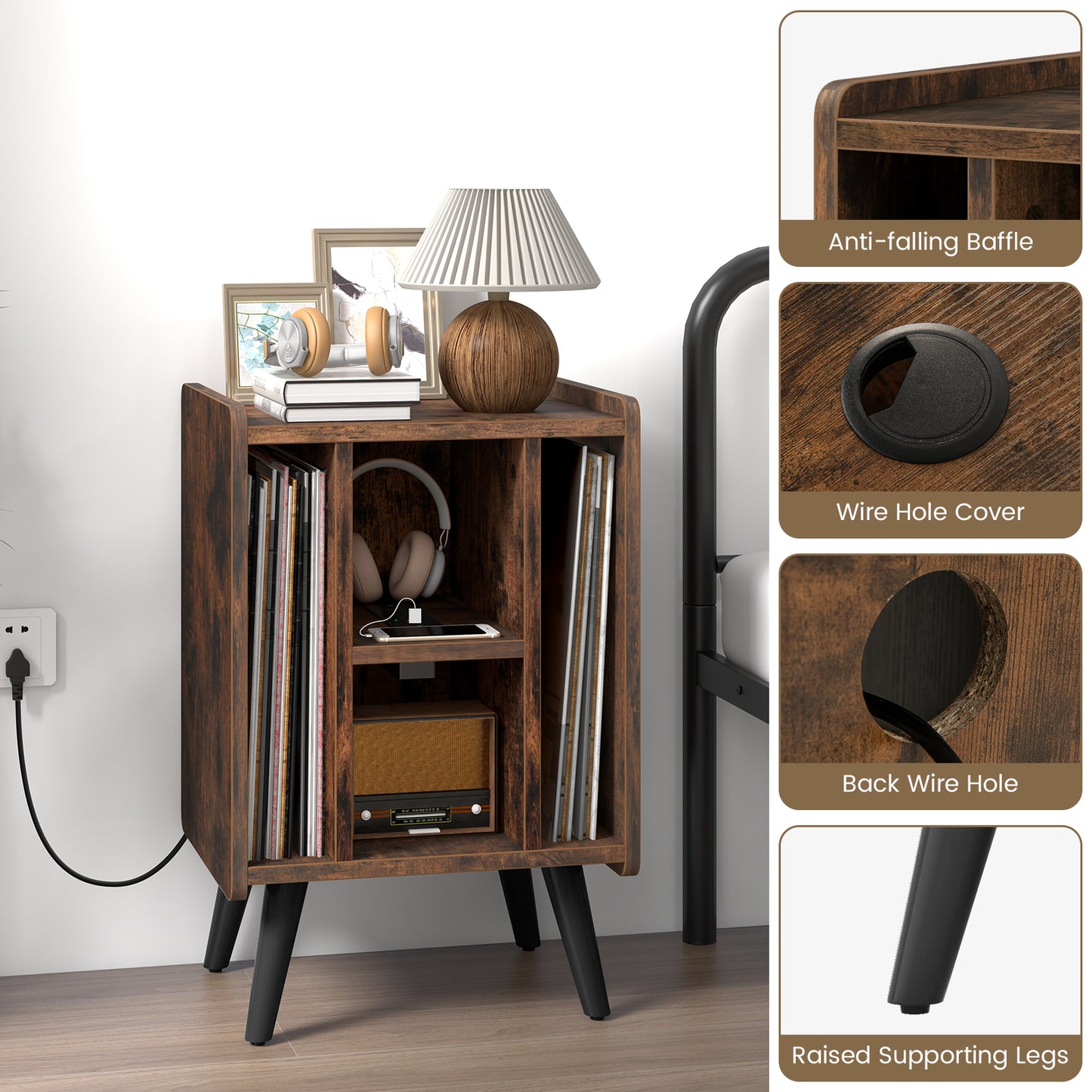 Vinyl Record Storage Turntable Stand with 4 Open Shelves-Brown