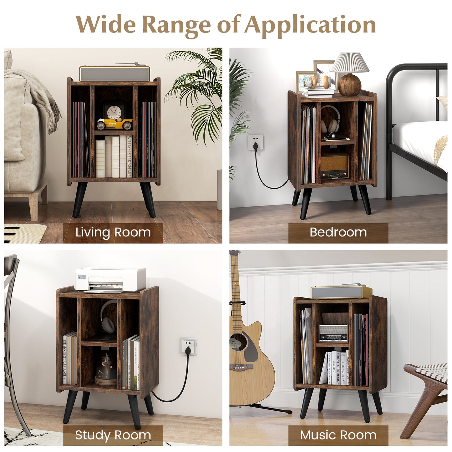 Vinyl Record Storage Turntable Stand with 4 Open Shelves-Brown
