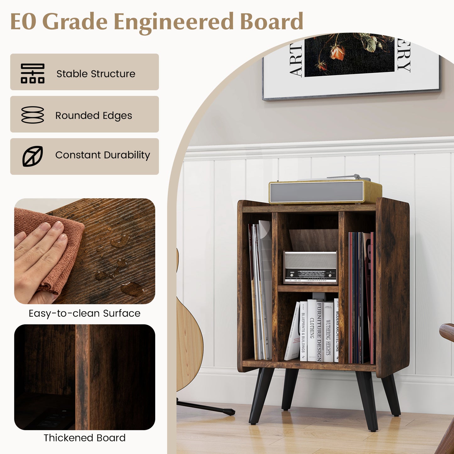 Vinyl Record Storage Turntable Stand with 4 Open Shelves-Brown