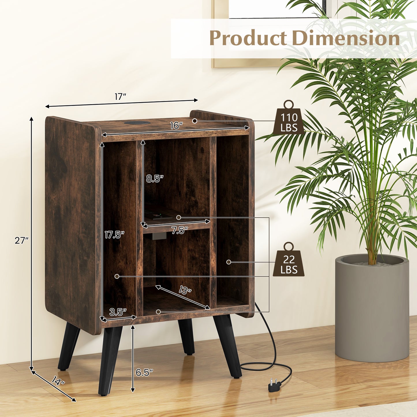 Vinyl Record Storage Turntable Stand with 4 Open Shelves-Brown