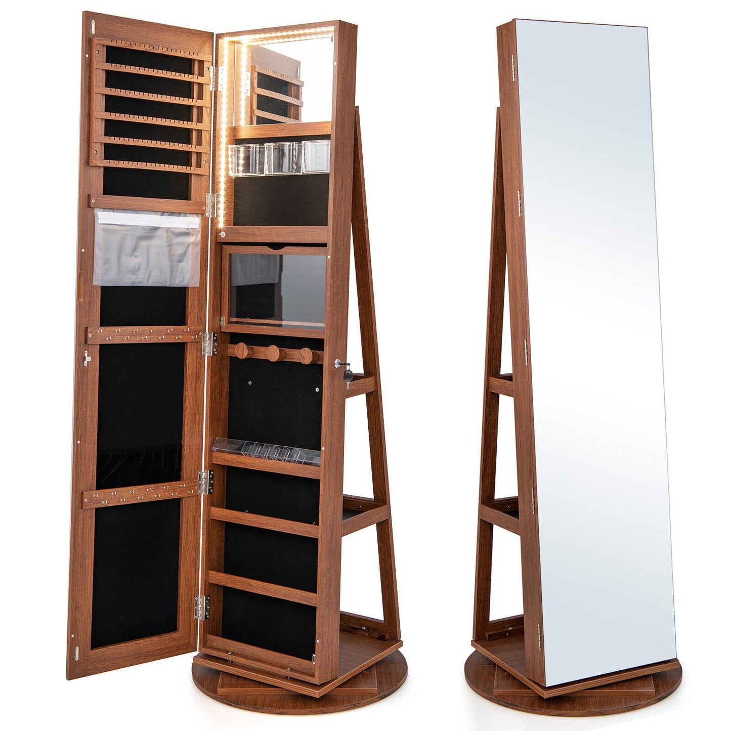360° Rotating Mirrored Jewelry Cabinet Armoire 3 Color LED Modes Lockable-Black