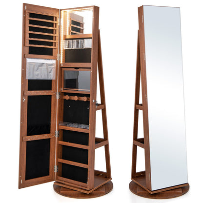 360° Rotating Mirrored Jewelry Cabinet Armoire 3 Color LED Modes Lockable-Black