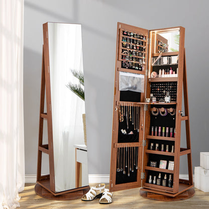 360° Rotating Mirrored Jewelry Cabinet Armoire 3 Color LED Modes Lockable-Black