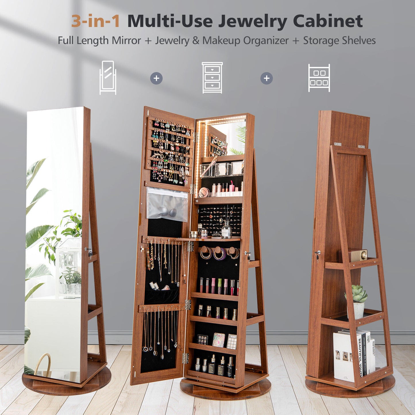 360° Rotating Mirrored Jewelry Cabinet Armoire 3 Color LED Modes Lockable-Black