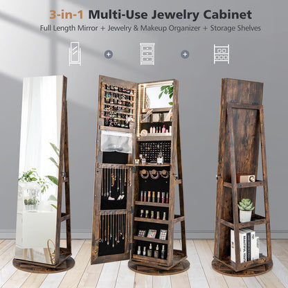 360° Rotating Mirrored Jewelry Cabinet Armoire 3 Color LED Modes Lockable-Black
