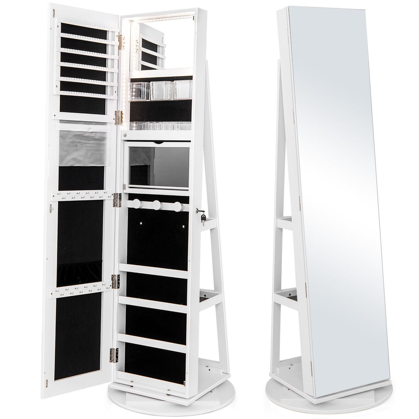360° Rotating Mirrored Jewelry Cabinet Armoire 3 Color LED Modes Lockable-Black