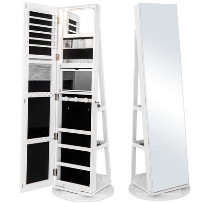 360° Rotating Mirrored Jewelry Cabinet Armoire 3 Color LED Modes Lockable-Black
