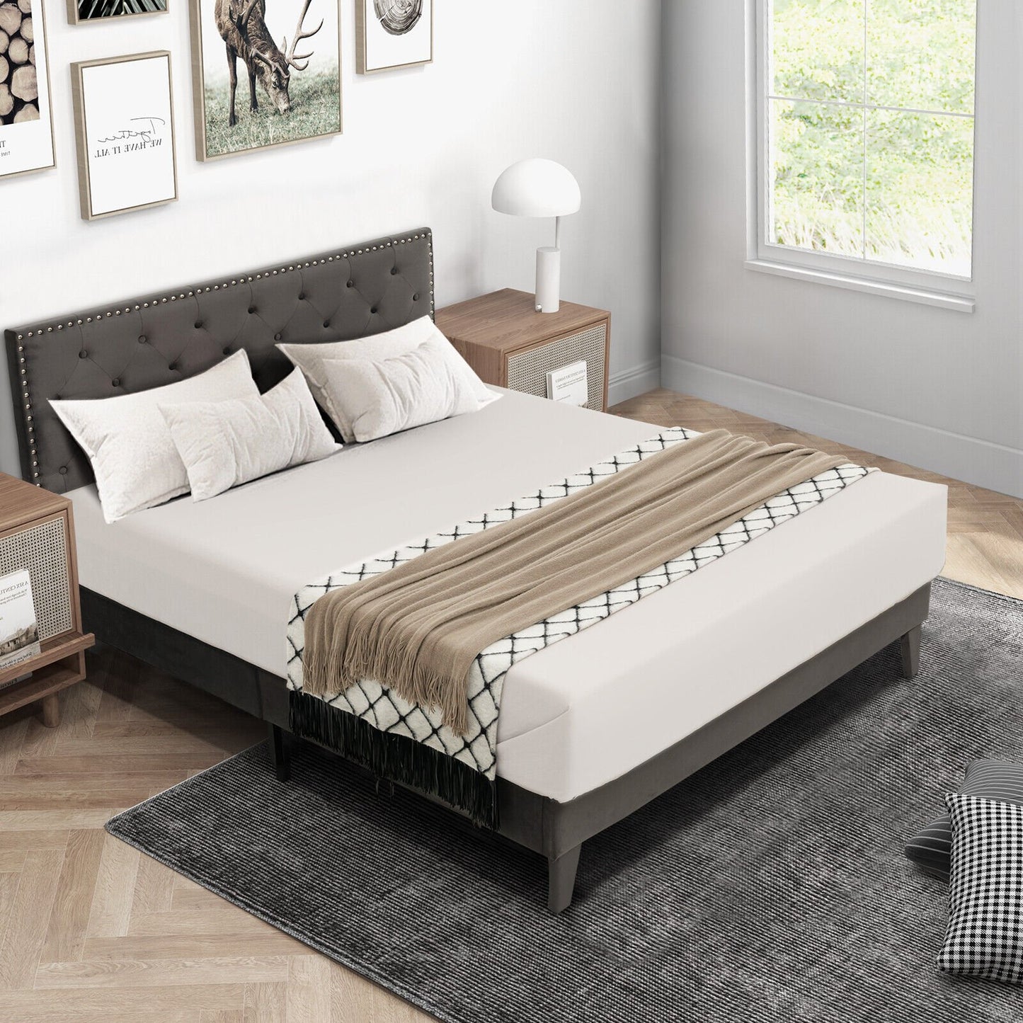 Full/Queen Size Upholstered Platform Bed with Tufted Headboard-Full Size