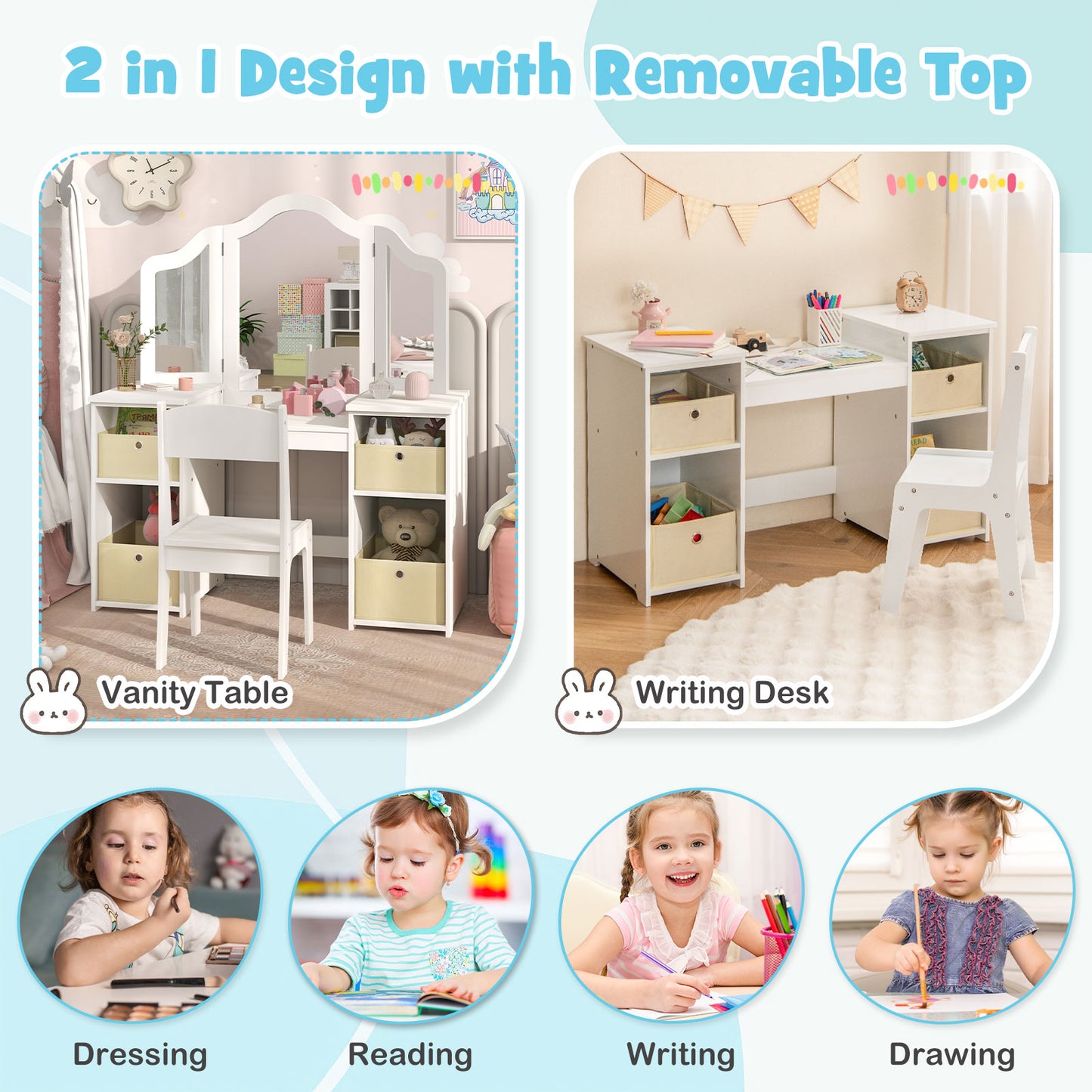 Kids Vanity Table and Chair Set with Removable Mirrors and 4 Storage Bins-White
