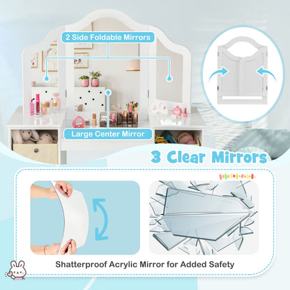 Kids Vanity Table and Chair Set with Removable Mirrors and 4 Storage Bins-White