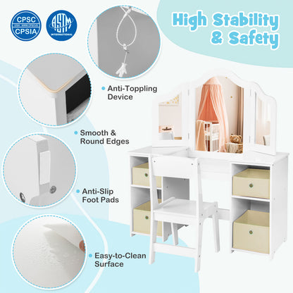 Kids Vanity Table and Chair Set with Removable Mirrors and 4 Storage Bins-White