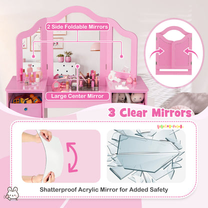 Kids Vanity Table and Chair Set with Removable Mirrors and 4 Storage Bins-Pink