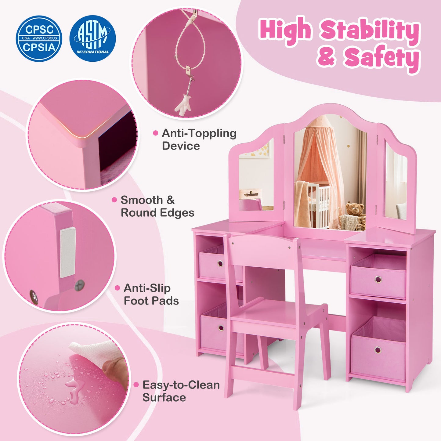 Kids Vanity Table and Chair Set with Removable Mirrors and 4 Storage Bins-Pink