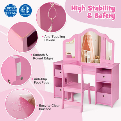Kids Vanity Table and Chair Set with Removable Mirrors and 4 Storage Bins-Pink