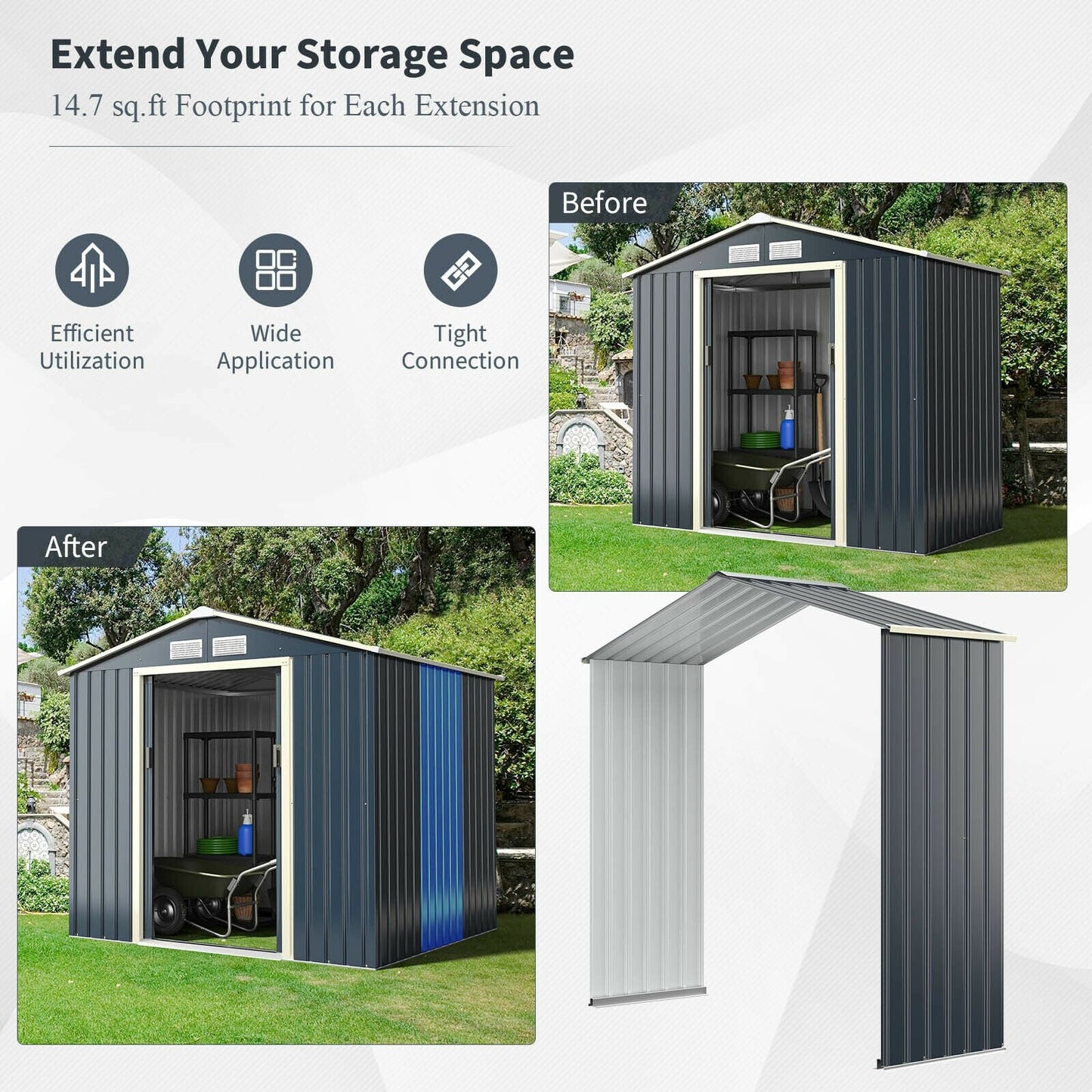 Outdoor Storage Shed Extension Kit for 9.1 Feet Shed-Gray