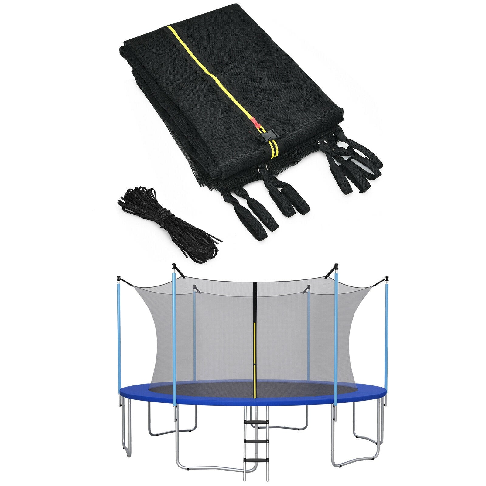 10ft weather-resistant trampoline safety enclosure net by Wilsons Home Store, showing durable mesh with secure attachment points.