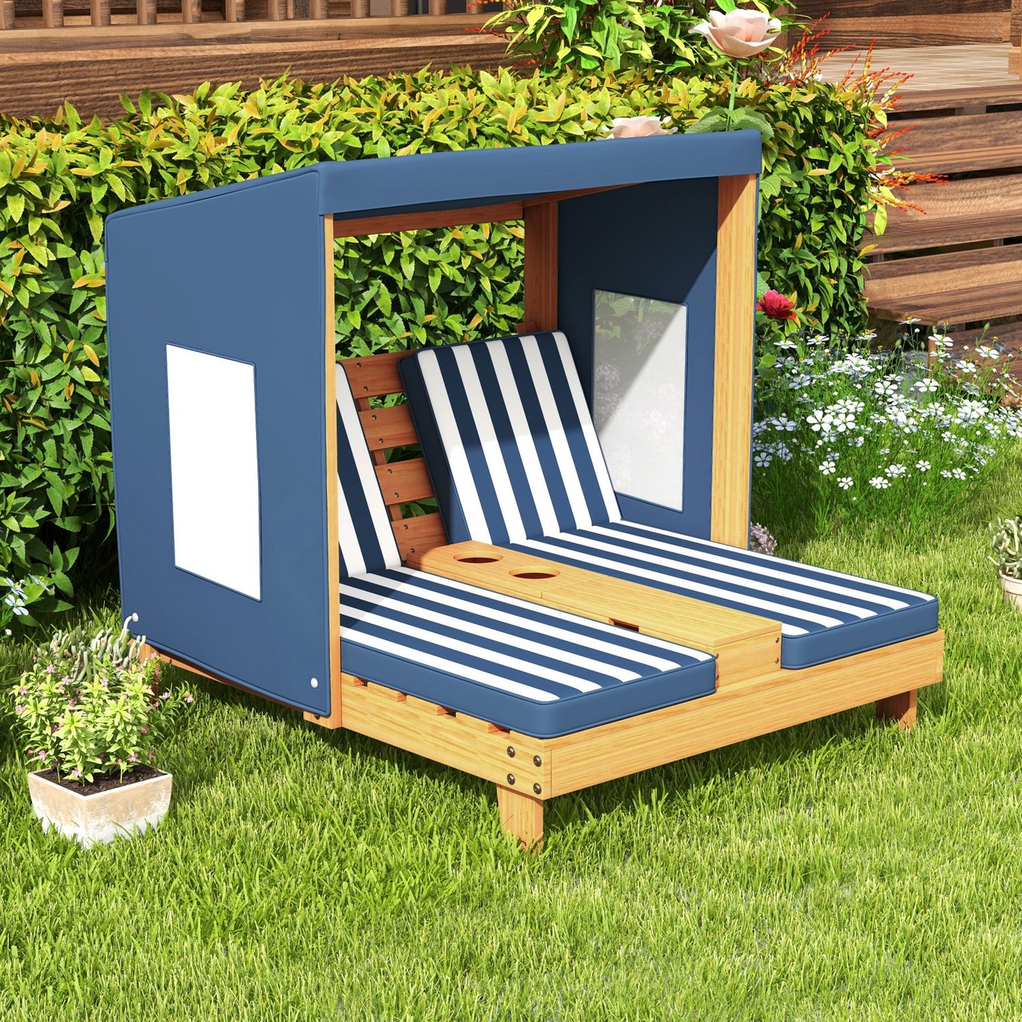 Kids Patio Lounge Chair with Cup Holders and Awning-Brown