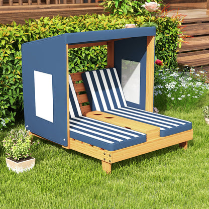 Kids Patio Lounge Chair with Cup Holders and Awning-Brown