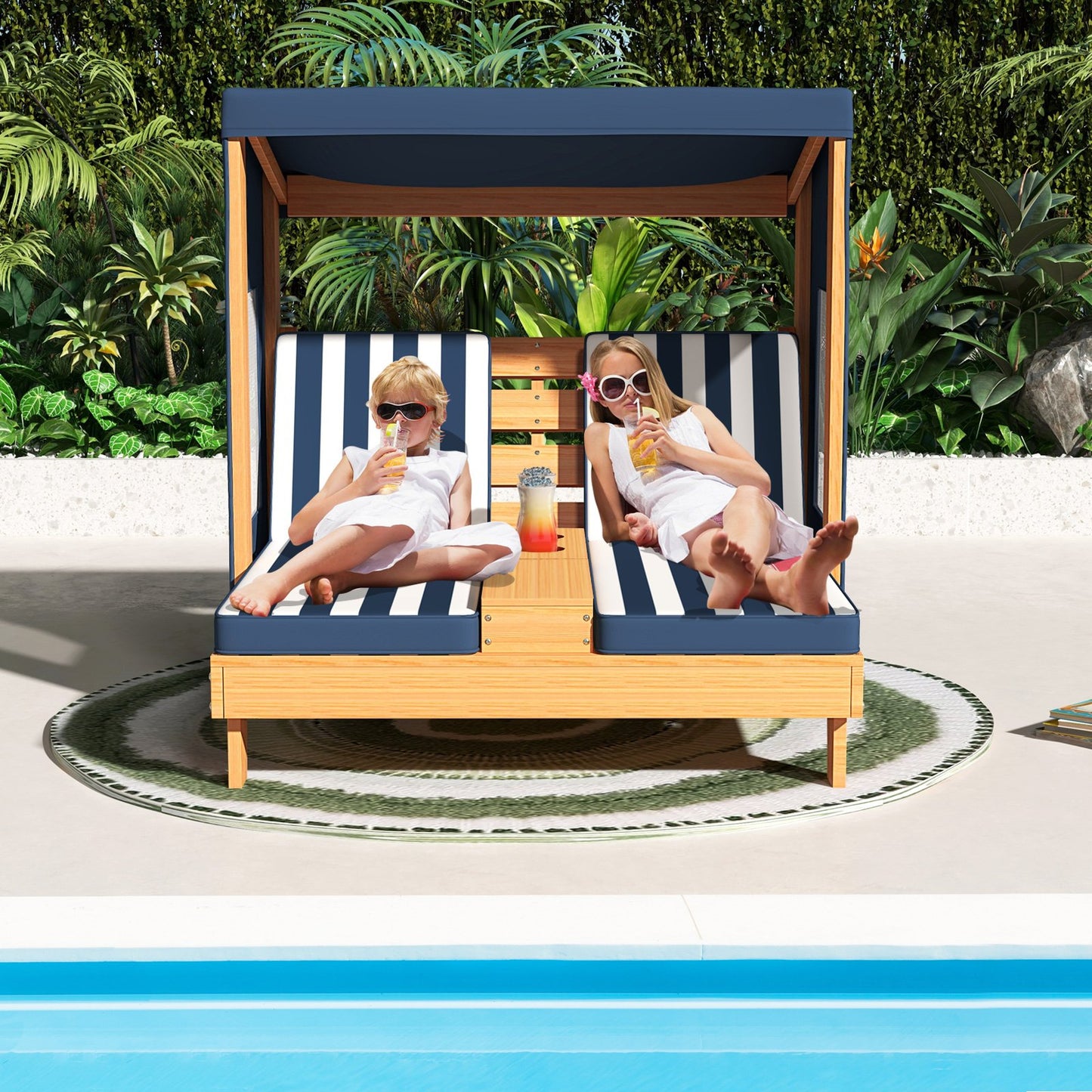 Kids Patio Lounge Chair with Cup Holders and Awning-Brown