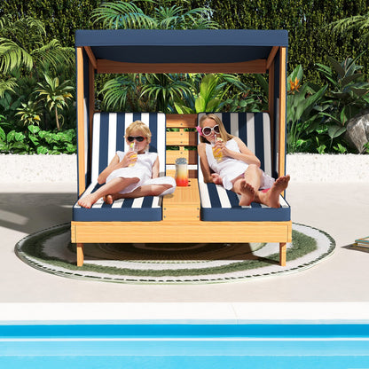 Kids Patio Lounge Chair with Cup Holders and Awning-Brown