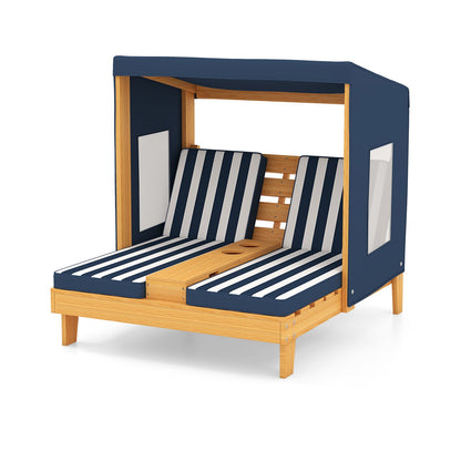 Kids Patio Lounge Chair with Cup Holders and Awning-Brown