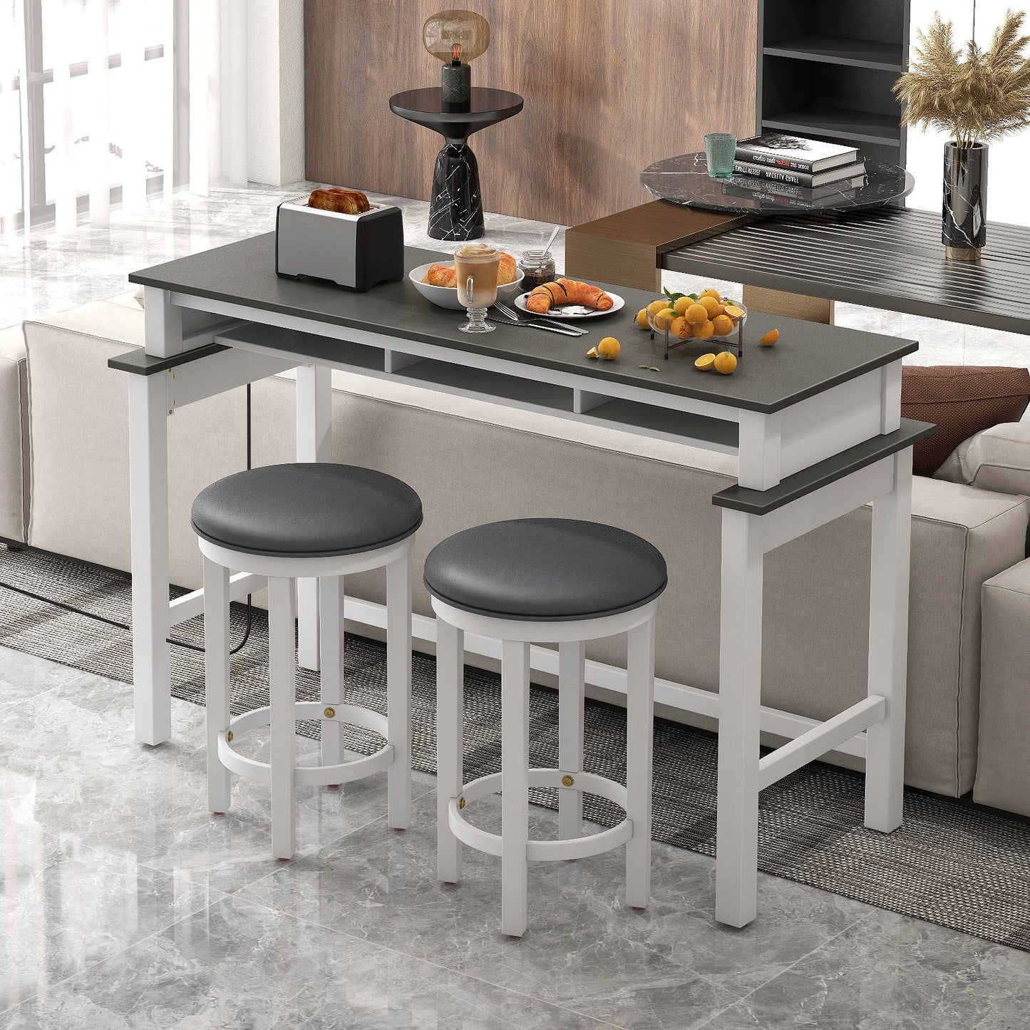 3-Piece Home Bar Set with 2 Upholstered Bar Stools  Outlets and USB Ports-Black