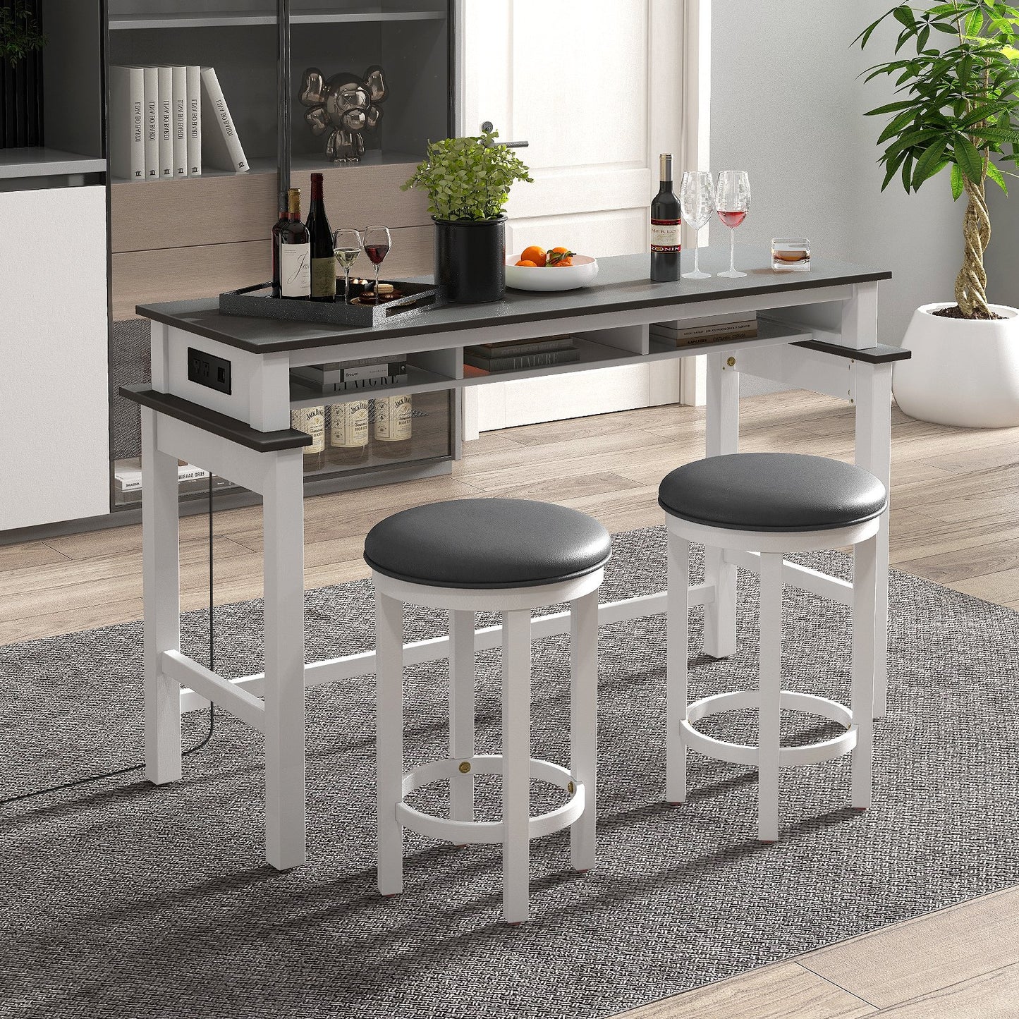 3-Piece Home Bar Set with 2 Upholstered Bar Stools  Outlets and USB Ports-Black