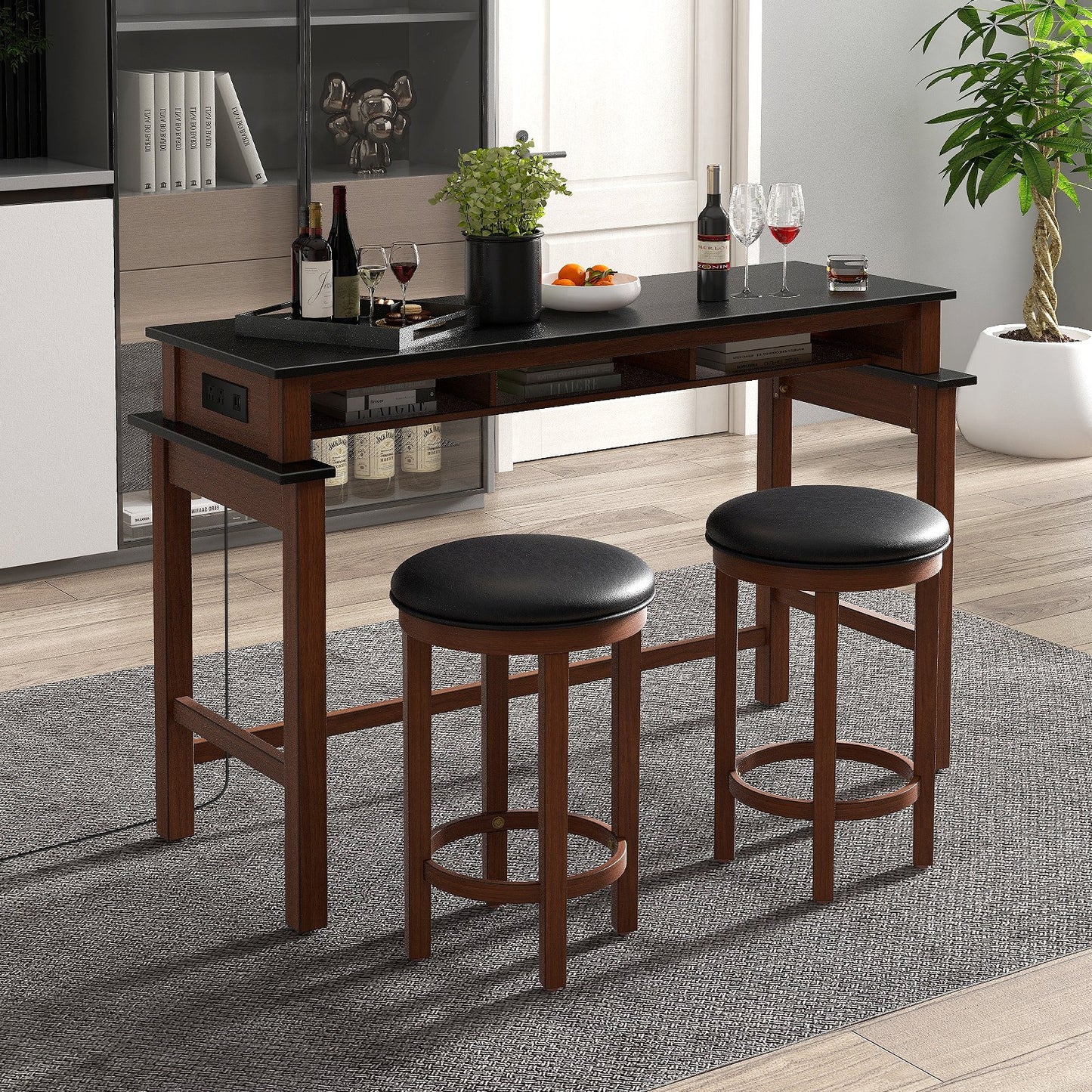 3-Piece Home Bar Set with 2 Upholstered Bar Stools  Outlets and USB Ports-Black