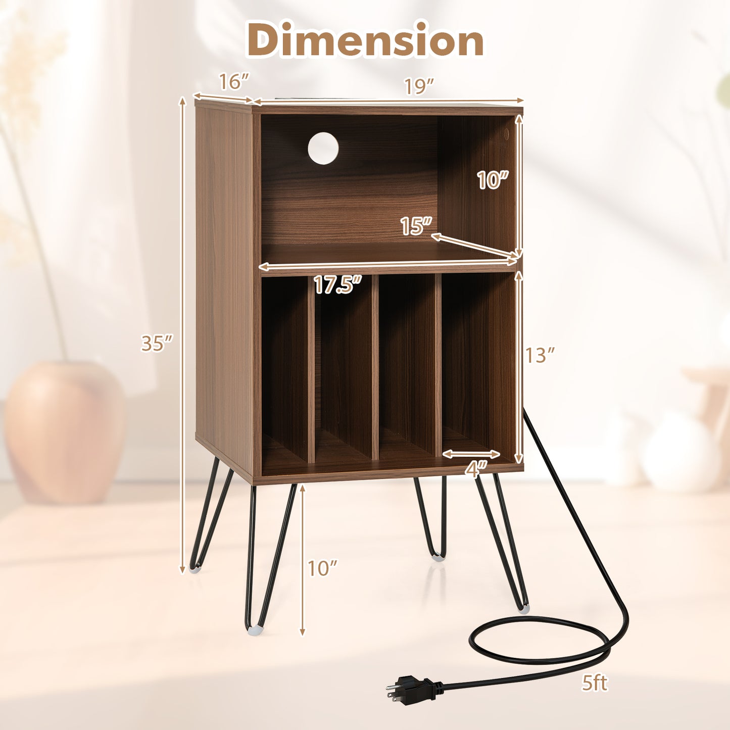Record Player Stand with Charging Station for Living Room Bedroom-Walnut