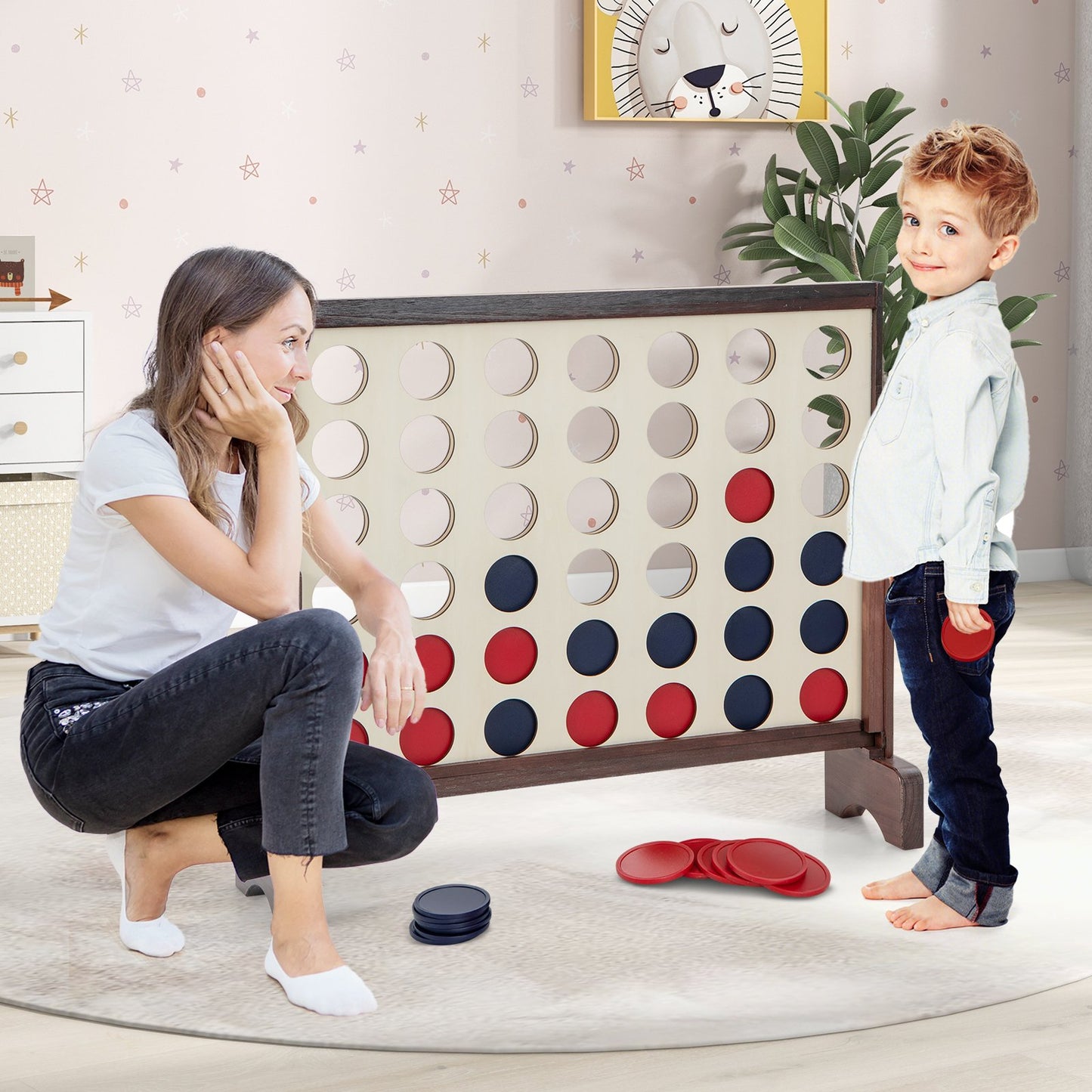 Wooden 4-in-a-row Game Set with 42 PCS Chips and 600D Oxford Fabric Carrying Bag-Blue