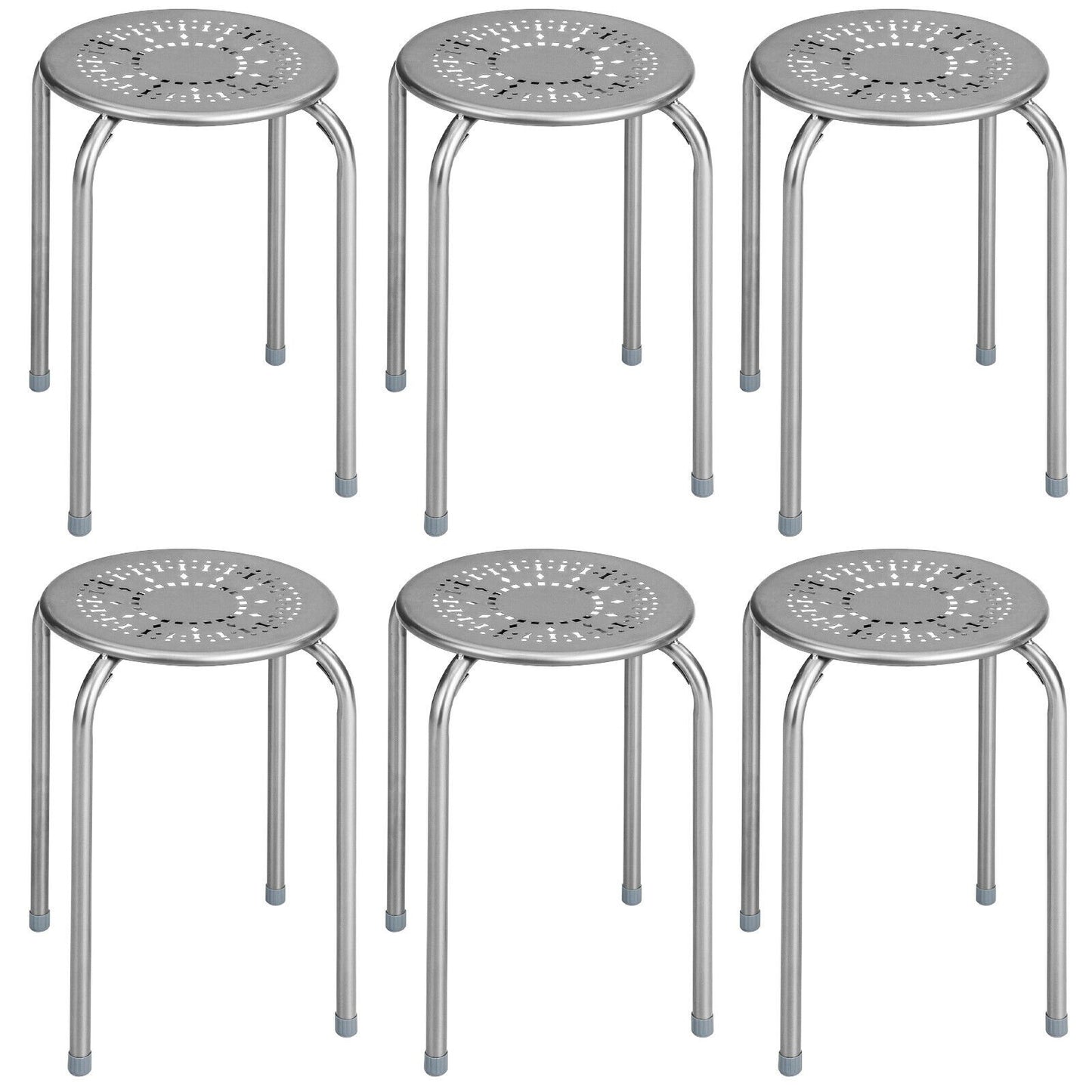 Set of 6 Stackable Multifunctional Daisy Design Backless Round Metal Stool Set-Black
