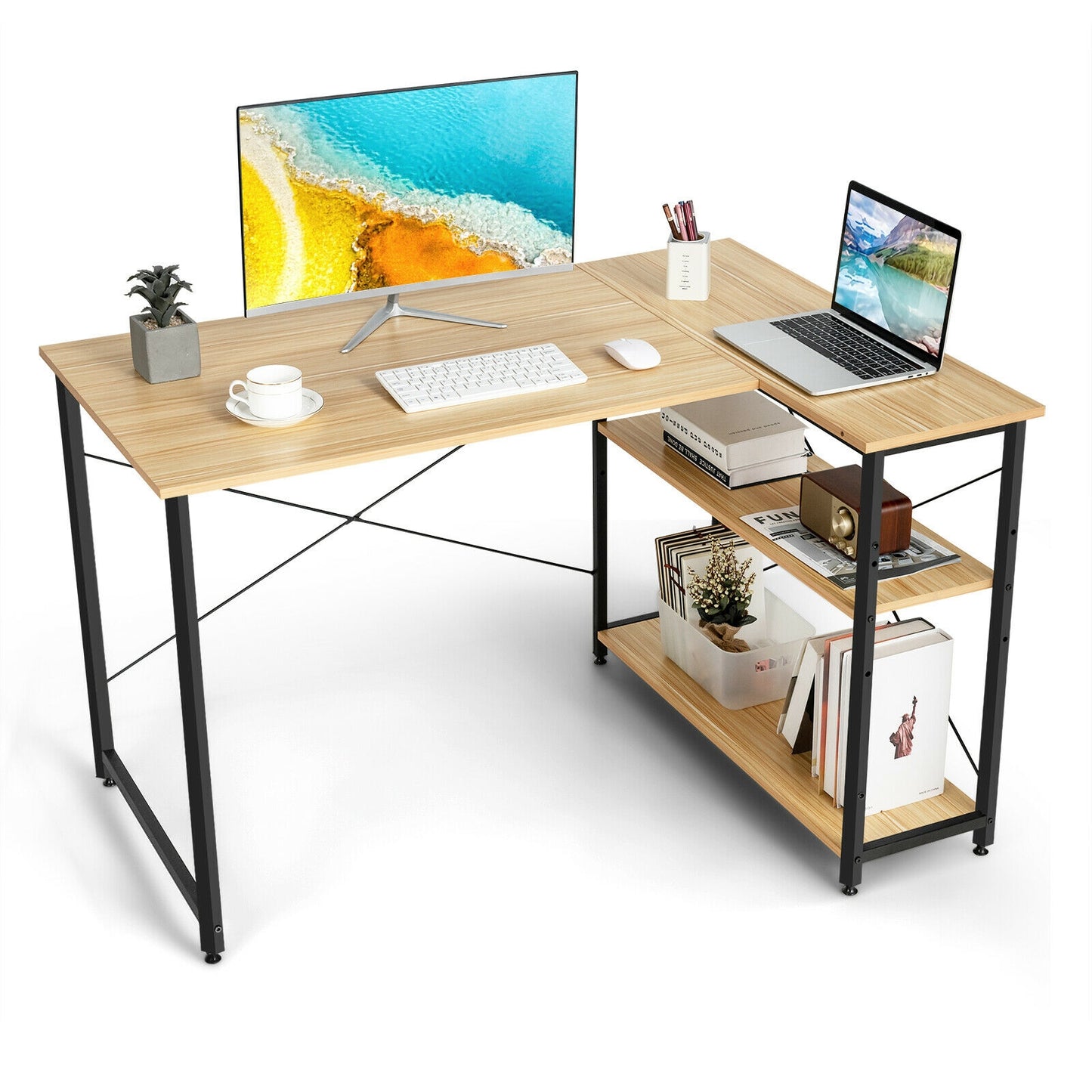 48 Inch Reversible L Shaped Computer Desk with Adjustable Shelf-Brown