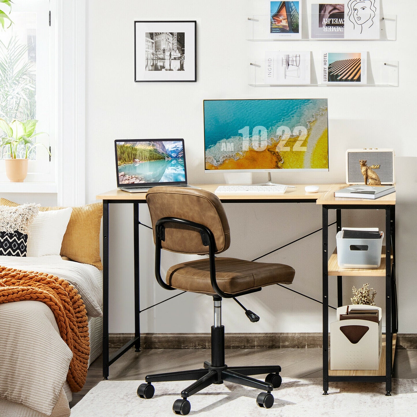 48 Inch Reversible L Shaped Computer Desk with Adjustable Shelf-Brown