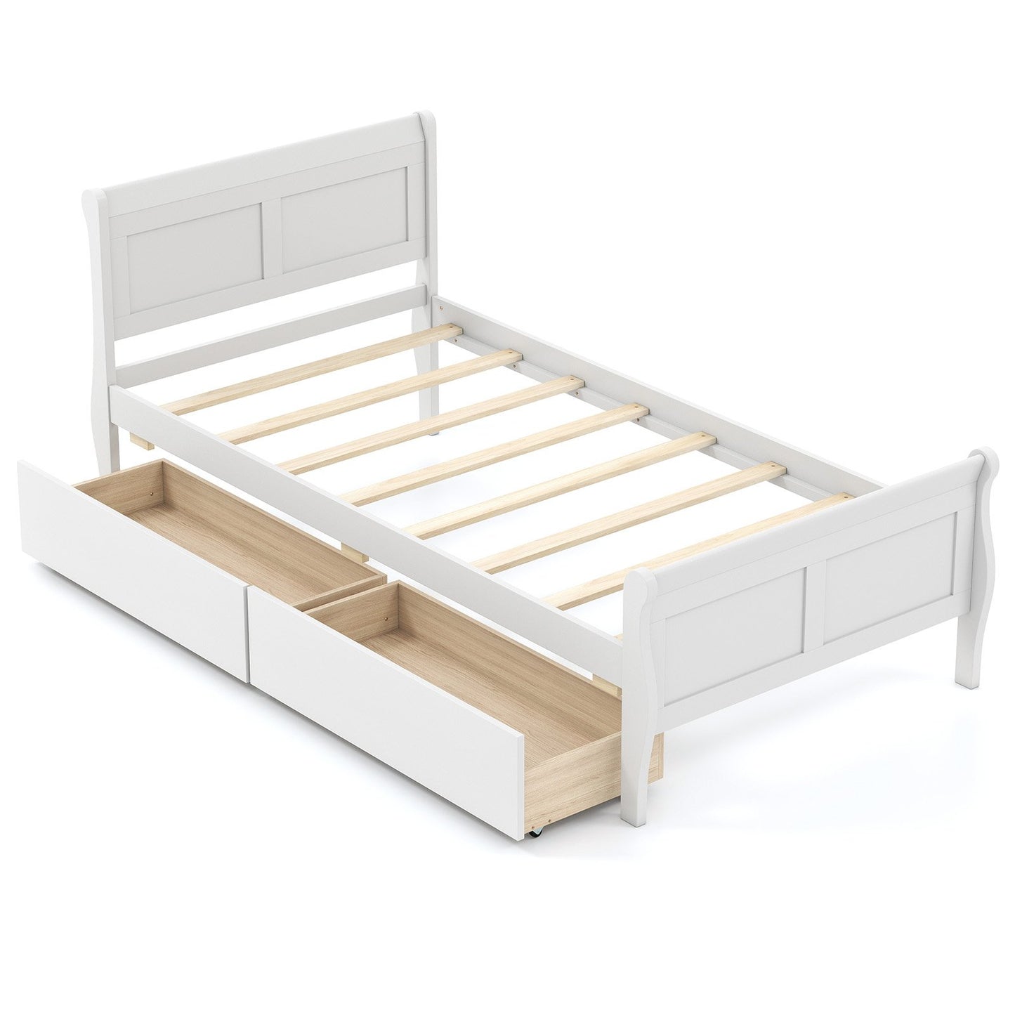 Twin Size Sleigh Bed with 2 Storage Drawers Wood Platform Bed Frame-Natural