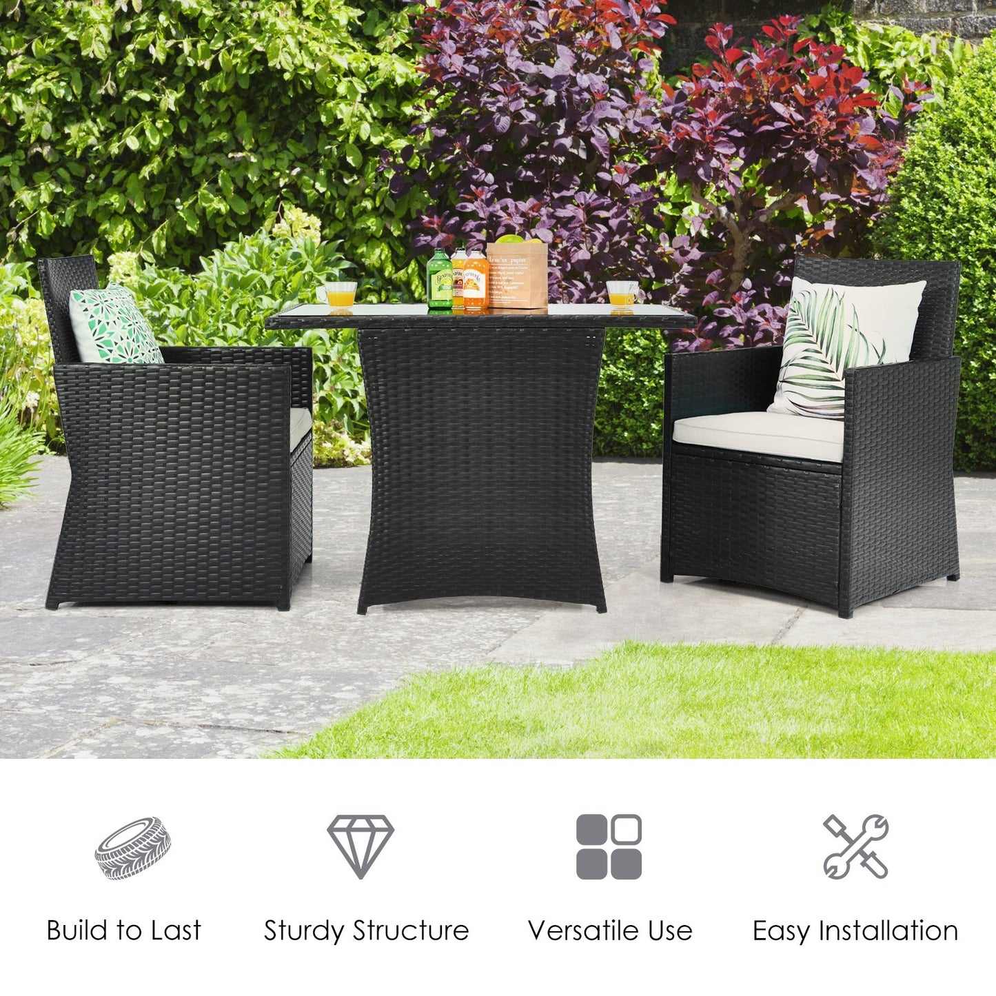 3 Pieces Patio Rattan Furniture Set with Cushion and Sofa Armrest-Gray