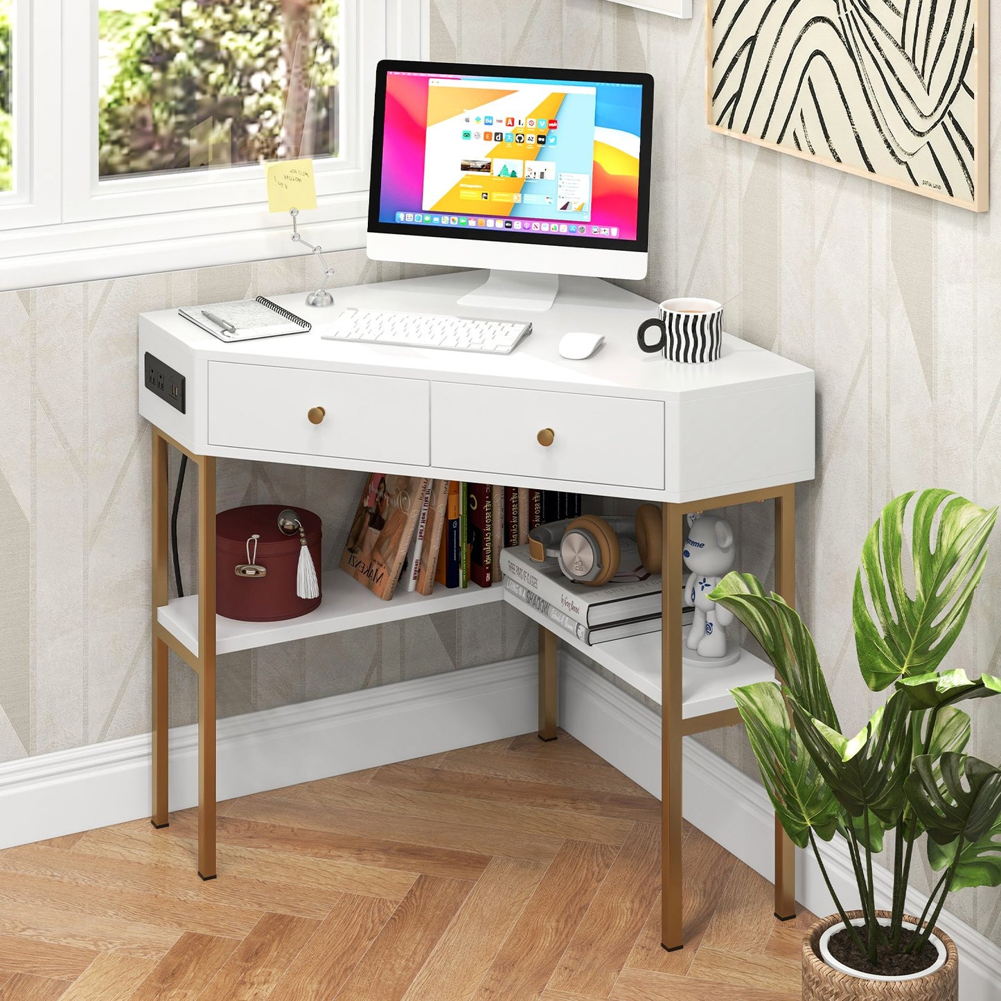 Triangle Corner Desk with Charging Station with 2 Drawers and Storage Shelf-Black