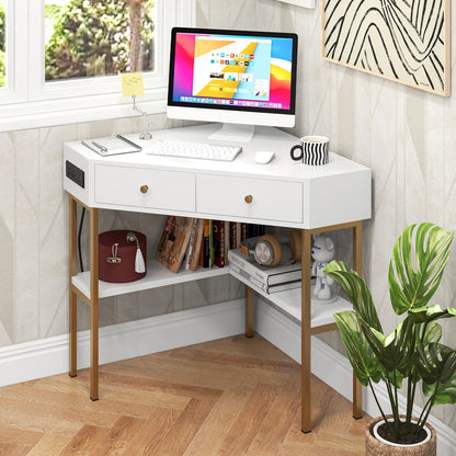 Triangle Corner Desk with Charging Station with 2 Drawers and Storage Shelf-Black
