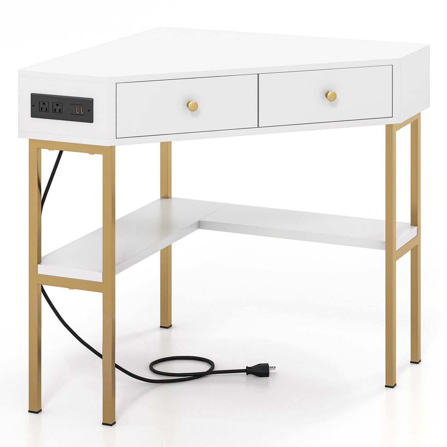 Triangle Corner Desk with Charging Station with 2 Drawers and Storage Shelf-Black