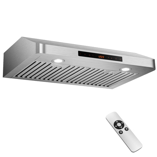 35.5/29.5 inch under cabinet range hood with 900 CFM, four fan speeds, in a modern kitchen setting, by Wilsons Home Store.