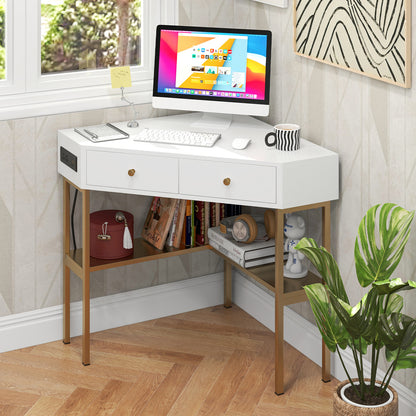 Triangle Corner Desk with Charging Station with 2 Drawers and Storage Shelf-Black